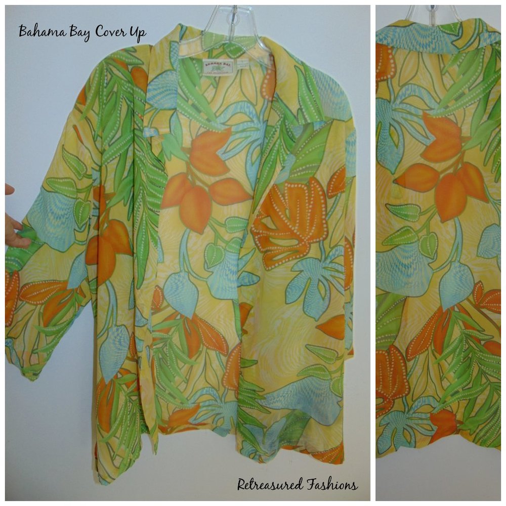 Bahama Bay Cover Up Beach Pool Floral Shacket Ladies size Large Top 3/4 Sleeve